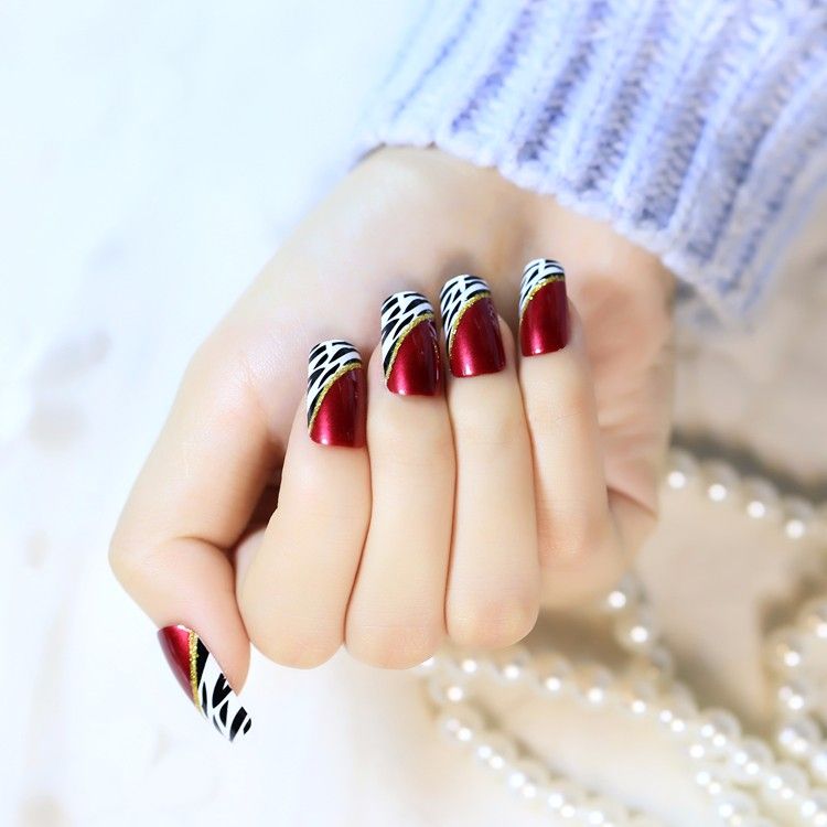 24 piezas postizas uñas de color rojo vino oblicua leopardo francesa  Ellipse uñas artificiales en el parche para la Oficina del partido