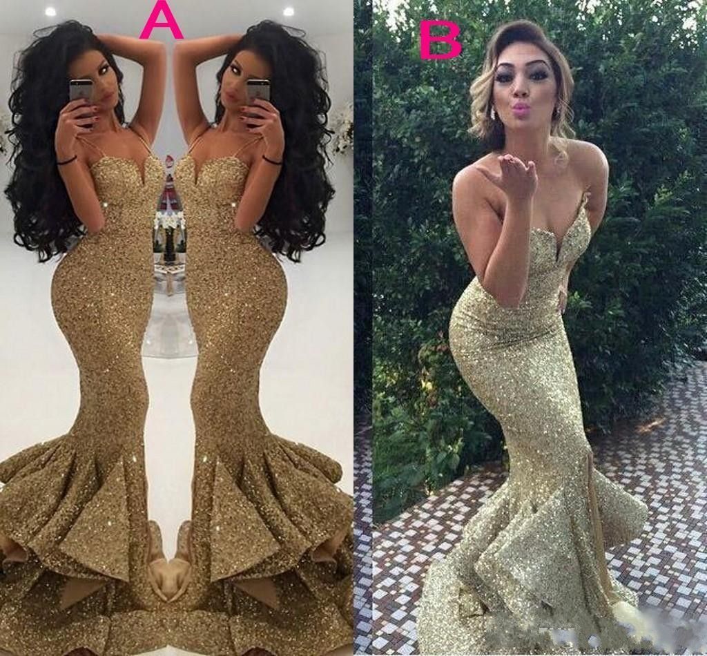 2019 Gold Bling Bling Sequins Front Split Evening Dresses Tiered Skirts