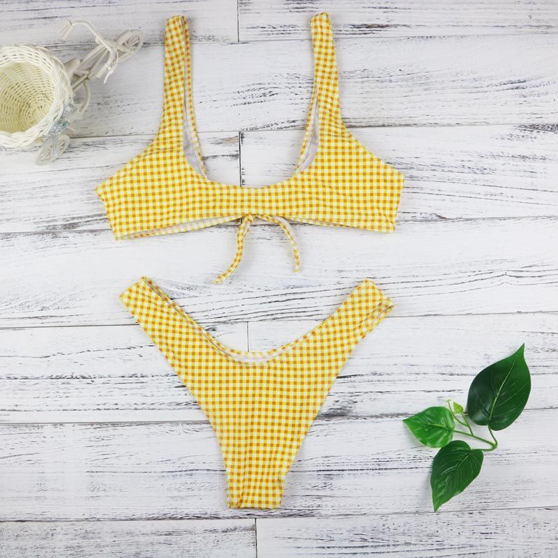 yellow checkered bathing suit