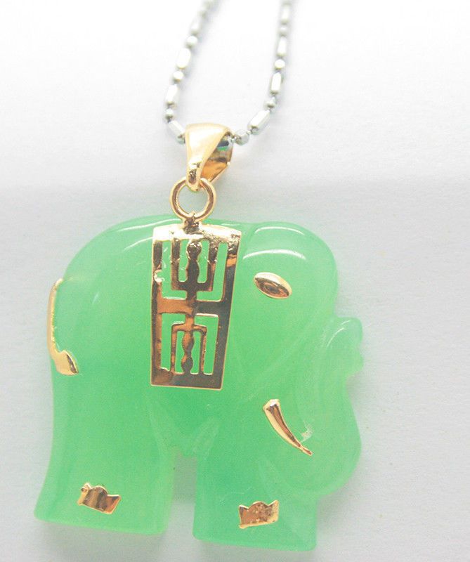 Wholesale Fashion Green Jade Elephant Unisex Pendant And Necklace +Free