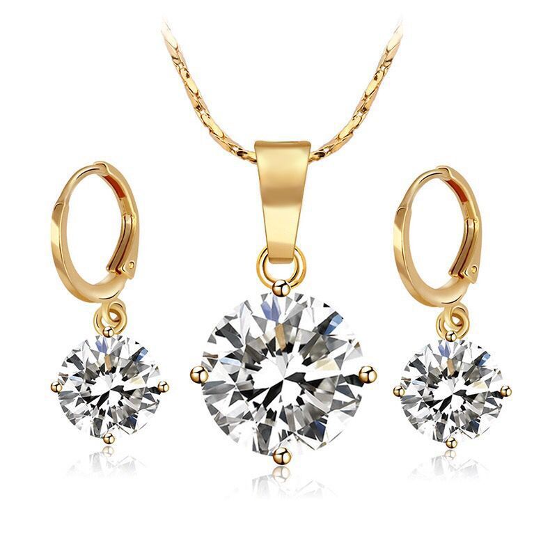 Woman 18K Yellow Gold Filled Pearl Zircon Jewelry Set Pendant Necklace Earrrings