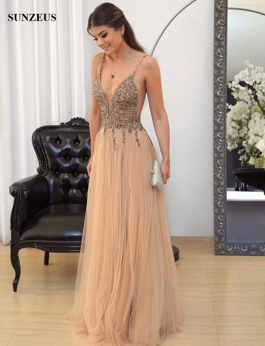 Una línea de escote en V profunda correas de espagueti Champagne vestido de baile Sexy rebordear Una línea de escote en V profunda correas de espagueti Champagne vestido de baile Sexy rebordear