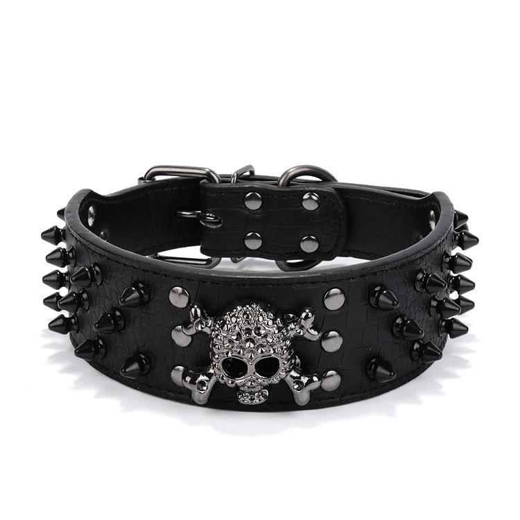Black Devil Skull Leather Spiked Dog Collar Designer Large Dog Harness