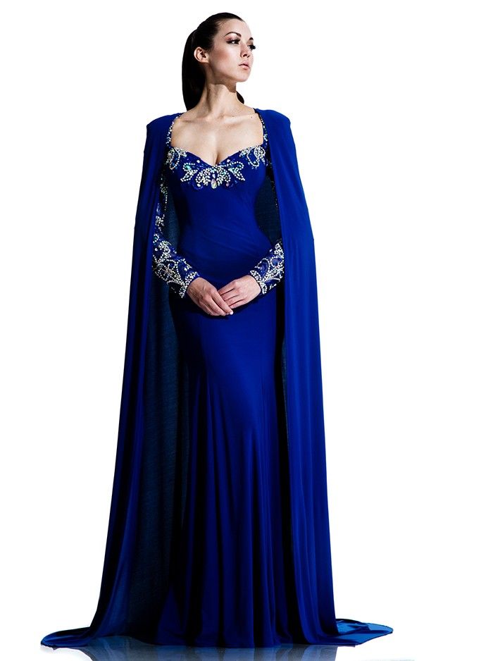 royal blue dress with cape