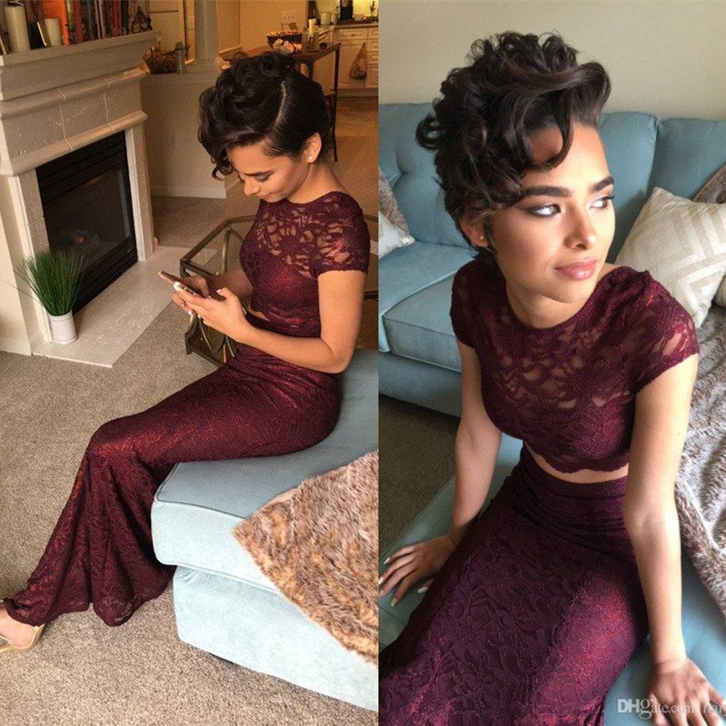 Crop Top Two Pieces Burgundy Prom Dresses See Through 2017 Mermaid