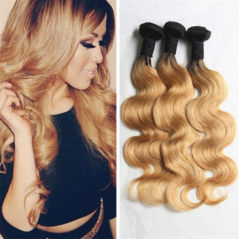 Honey Blonde Dark Roots Ombre Virgin Hair Weaves Two Tone 1b 27