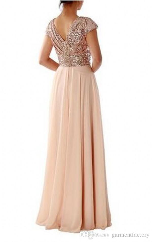 Grosshandel Rose Gold Sequin Lange Brautjungfer Kleider Modest V Nacken Kurzen Armeln Eine Linie Bodenlangen Chiffon Hochzeit Gast Kleider Frauen Formale Kleid Von Snowybridal 64 86 Auf De Dhgate Com Dhgate