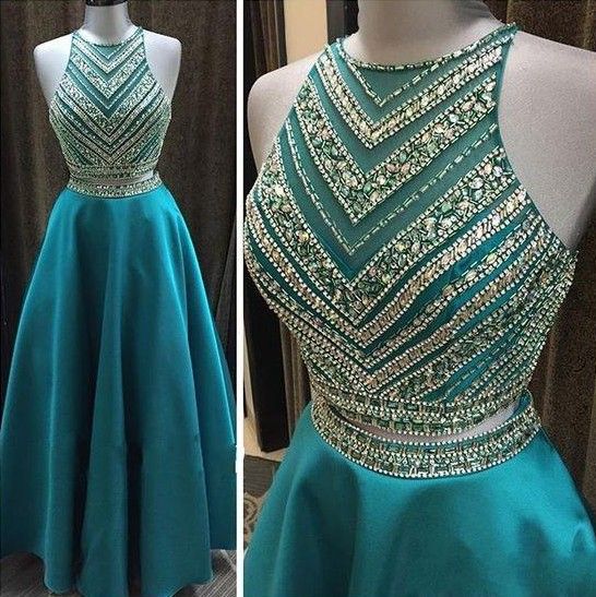 teal two piece prom dress