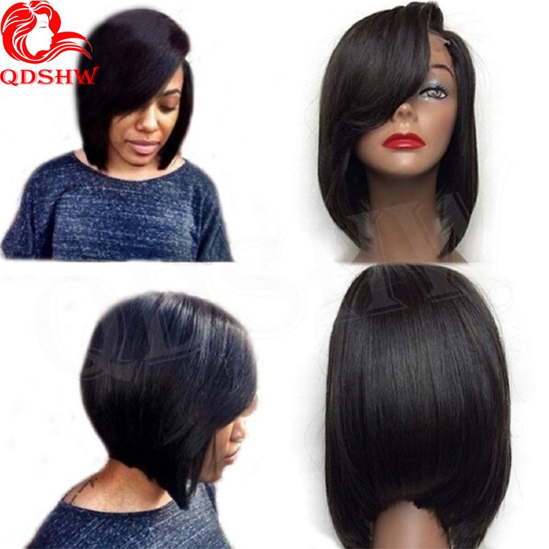 Short Human Hair Wigs With Side Bangs Straight Virgin Peruvian