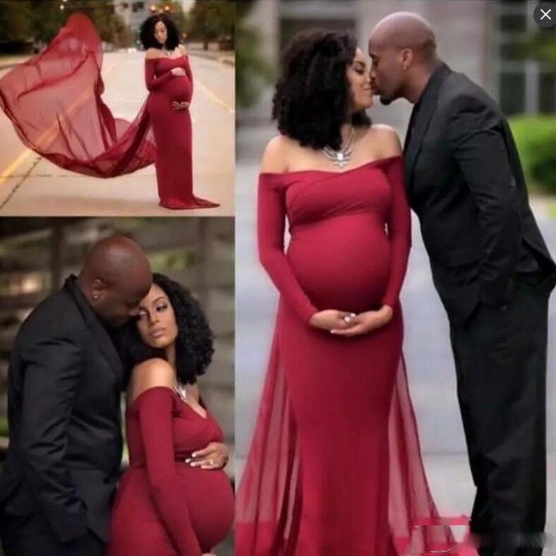 Acheter Simple Rouge Foncé Au Large Des Robes De Bal Dépaule Pour Femme Enceinte Gaine Robes De Soirée Sirène Manches Longues Robes De Fête Africaine