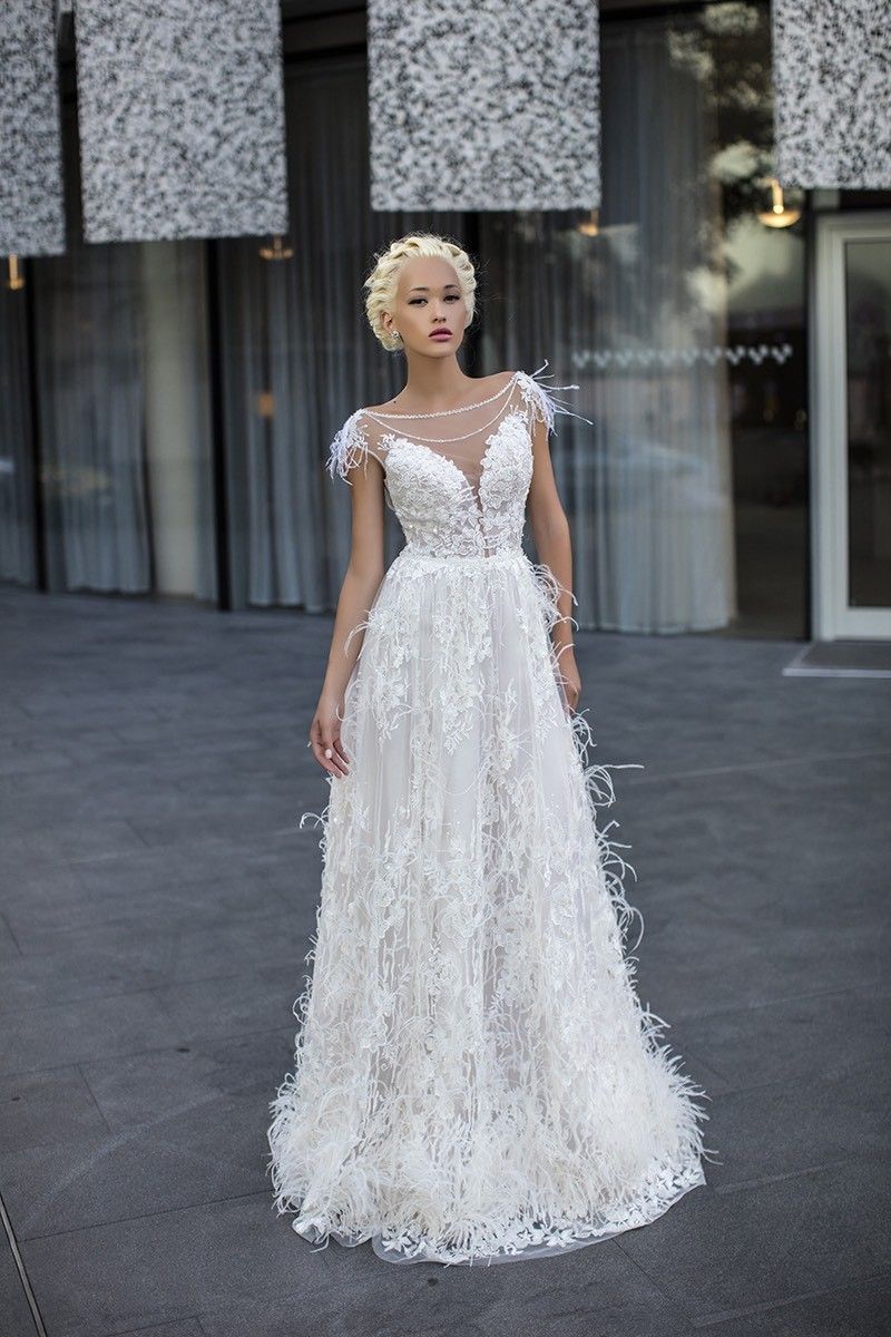 lace and feather wedding dress