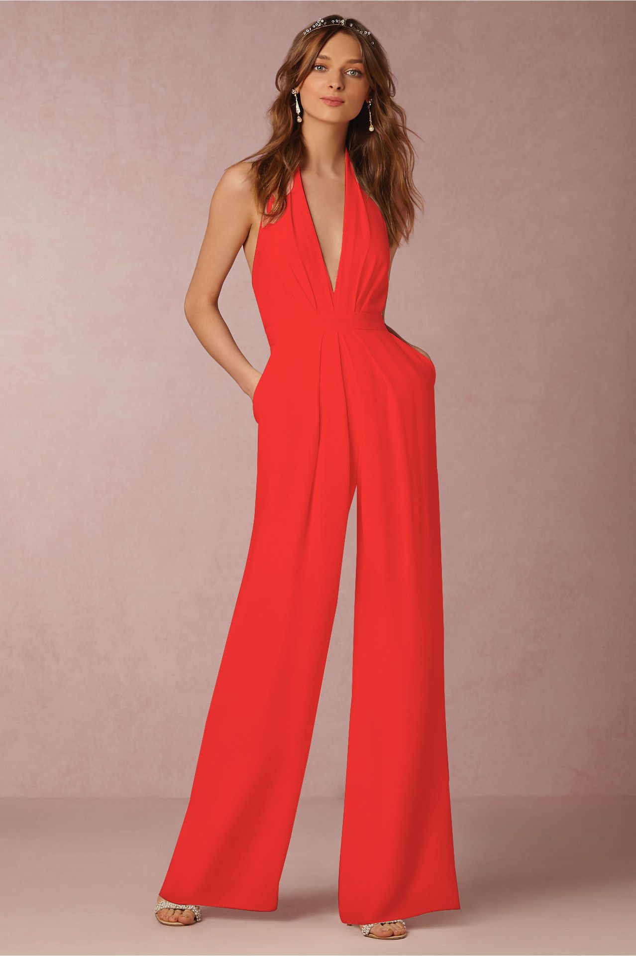 red sleeveless jumpsuit