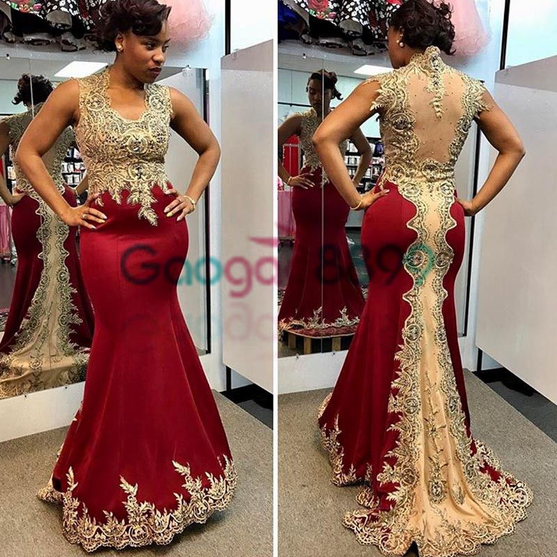Sexy Dark Red Mermaid Prom Formal Dresses 2019 Gold Applique Beaded Fishtail Sexy African Occasion Evening Party Dress Design Prom Dress Elegant Prom