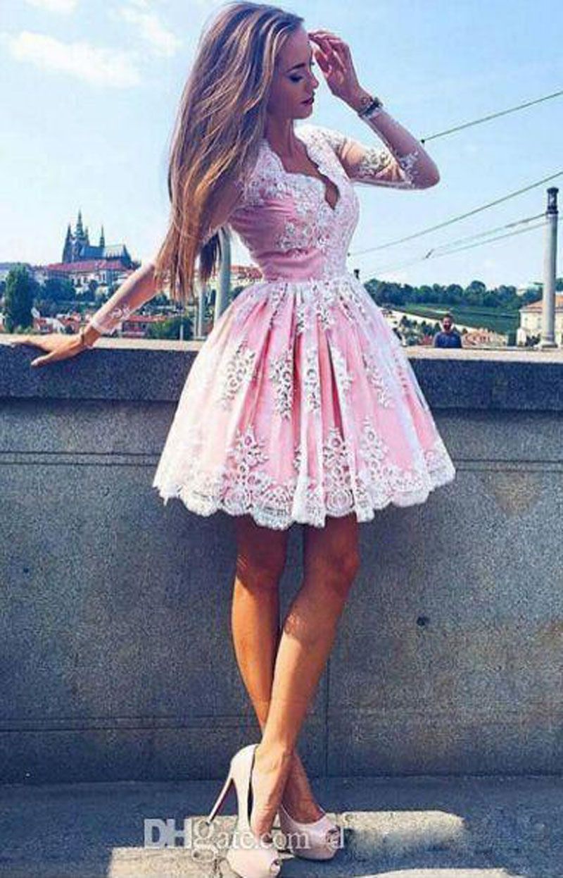 Acquistare Abiti Da Cerimonia A Maniche Lunghe Rosa Abiti Di Pizzo Una  Linea Scollo A V Mini Abiti Corti Abiti Da Festa Di Ballo Abiti Da Cerimonia  Di Laurea Abito Da Laurea