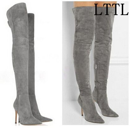Wholesale Suede Boot High Heel Slim Thigh High Boots Grey Brown Black ...