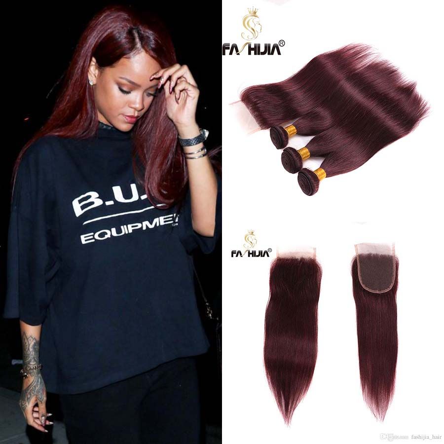 burgundy hair braid bundles with closure Brazilian wine red straight hair extension Rihanna long style lace front with bundles in full head burgundy hair braid bundles with closure Brazilian wine red straight hair extension Rihanna long style lace front with bundles in full head
