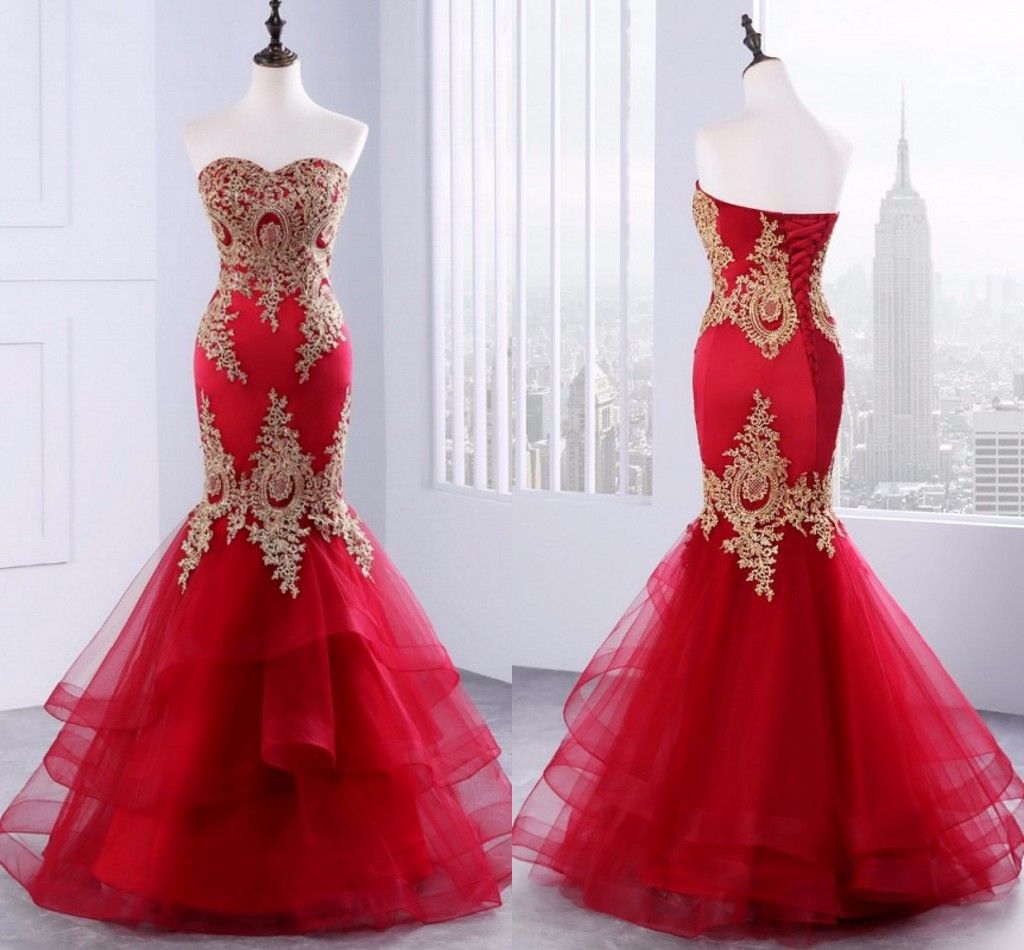 red and gold mermaid prom dress