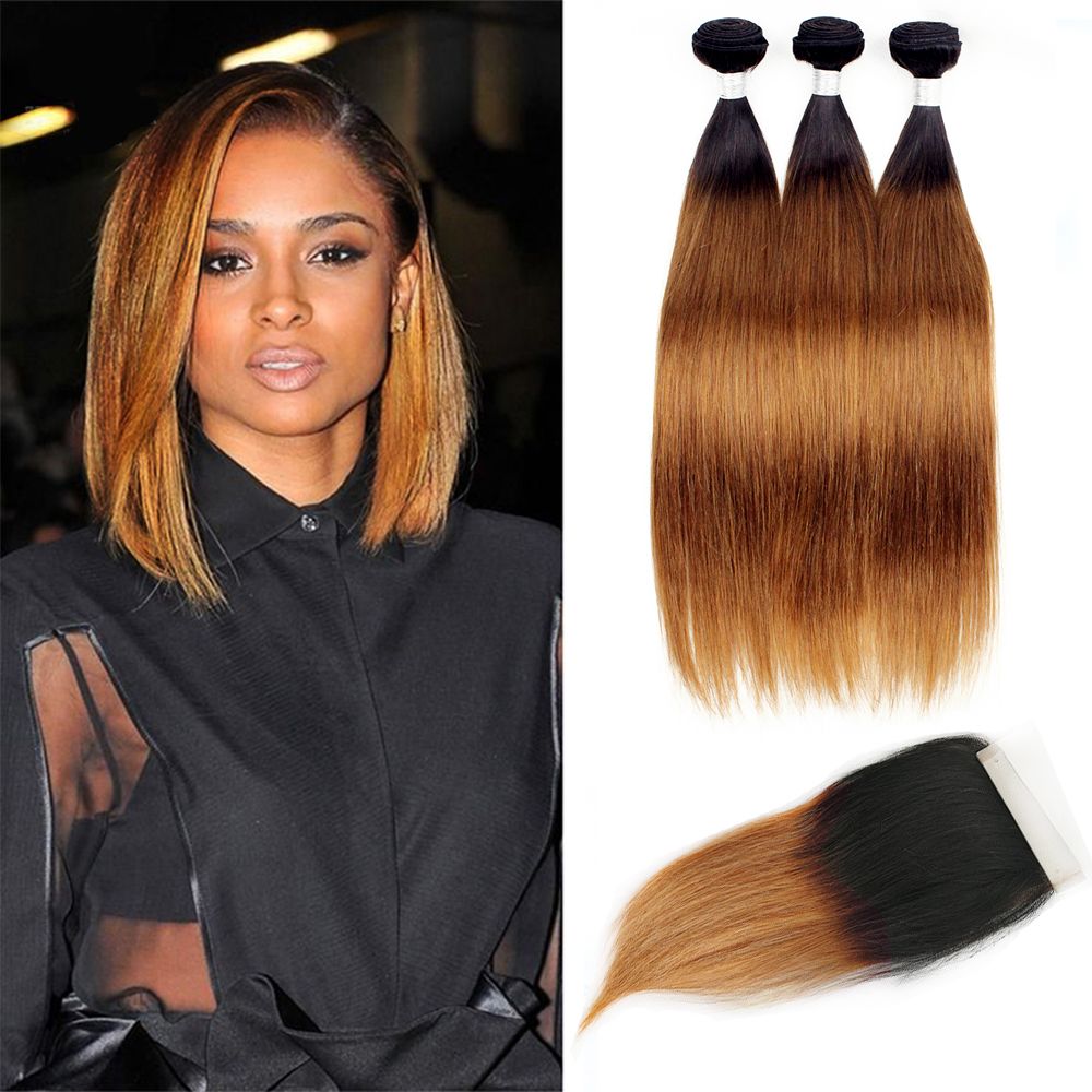 2020 Straight 3 Bundles With Lace Closure Free Middle Part T1b 30