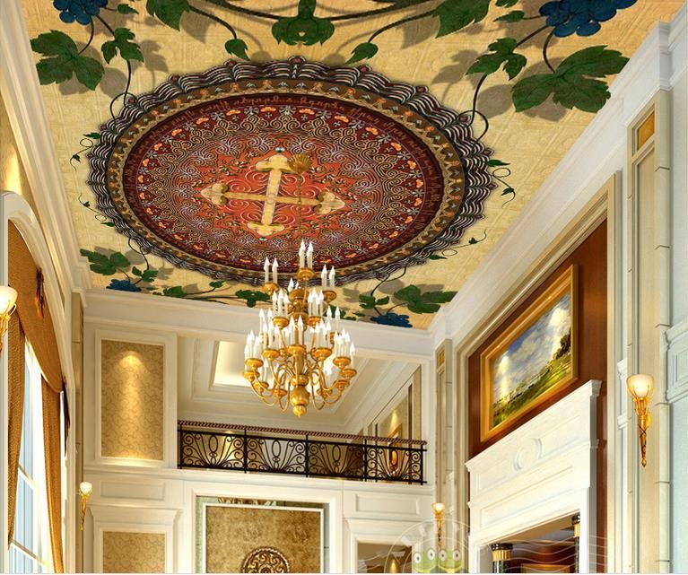 Custom 3d Modern Ceiling Circle Mandala Pattern Grapes Wallpapers