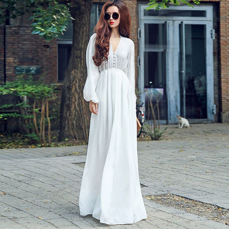 white long sleeve bohemian dress