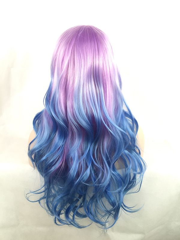 Womens Fashion Long Curly Pink Purple Ombre Light Blue Hair Wig