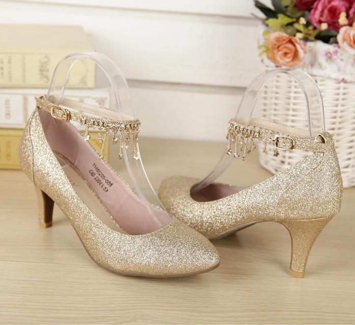 Red Gold Wedding Shoes Bridal Shoes With Sequins Kitten Heel