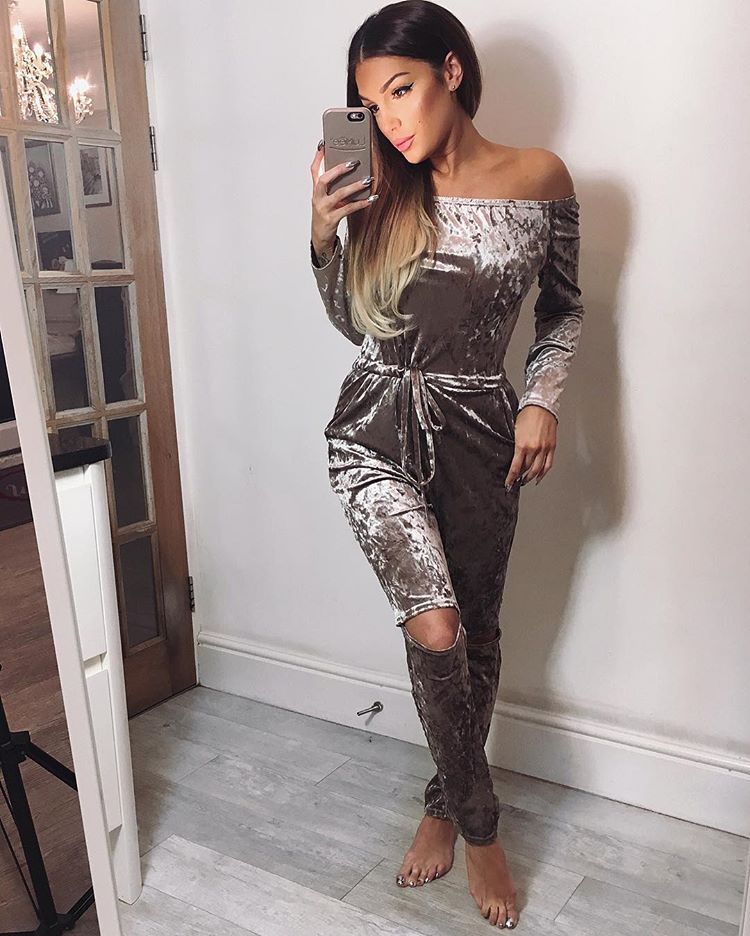 velour off shoulder jumpsuit