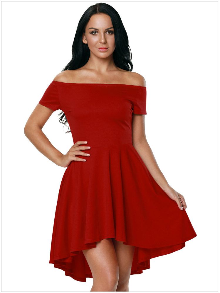 red off the shoulder fit and flare dress