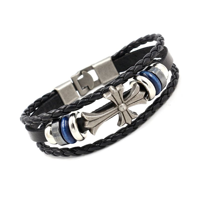 Christian Cross Leather Bracelets Fashion Multilayer Beaded Weave Charm