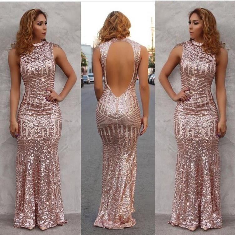 Rose Gold 2019 Sexy Mermaid Prom Dresses High Neck Sequined Open Back Floor Length Evening Party Gowns Custom Made BA2892 Dresses Online Sexy Prom