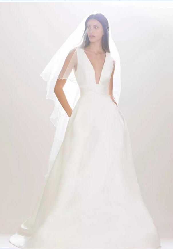 v neck a line satin wedding dress