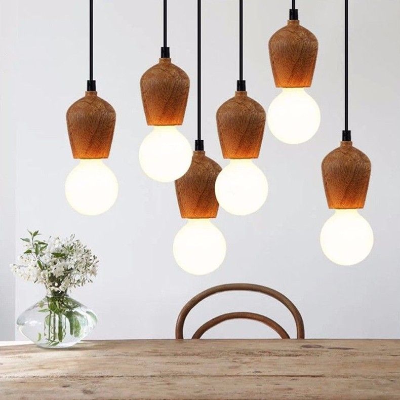 Modern Oak Wood Pendant Lights Vintage Cord Lamp Hanging