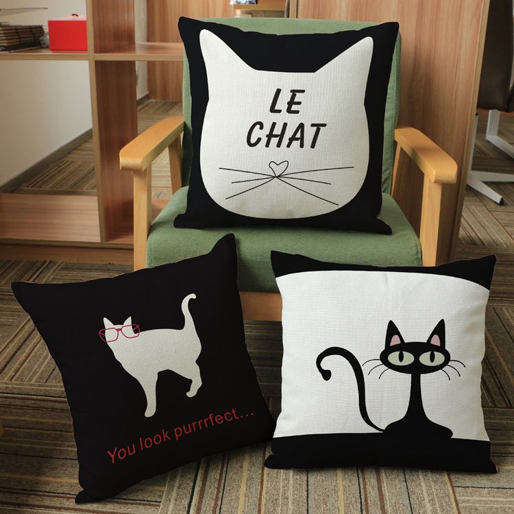 Fashion Home Sofa Hand-painted Cat Printed Cute Flax Pillow Cushion Cover FI
