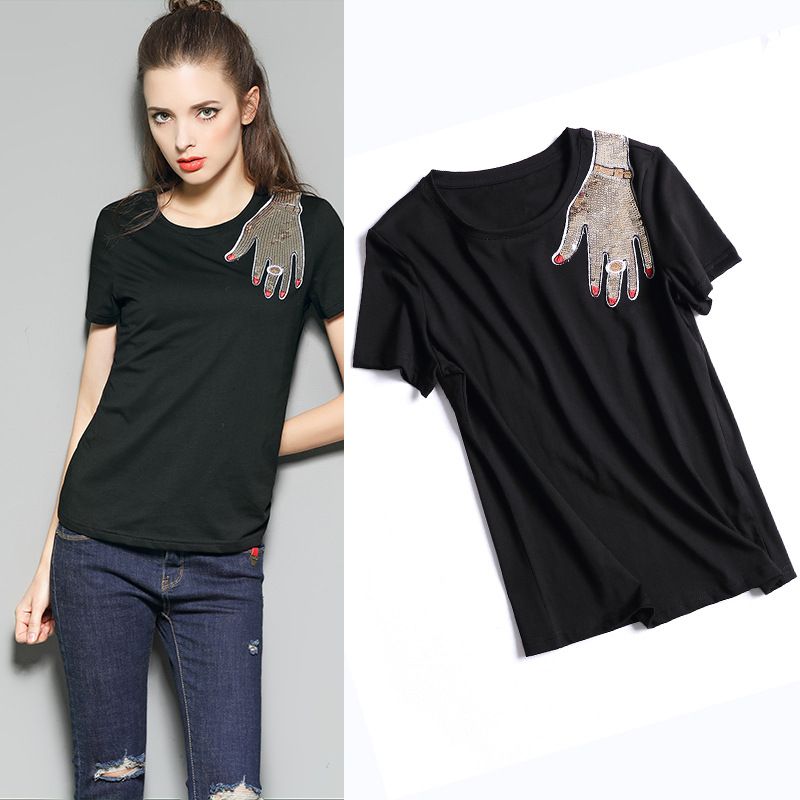 Designer Style Runway Women Sequined T Shirts 2017 Summer Cotton O