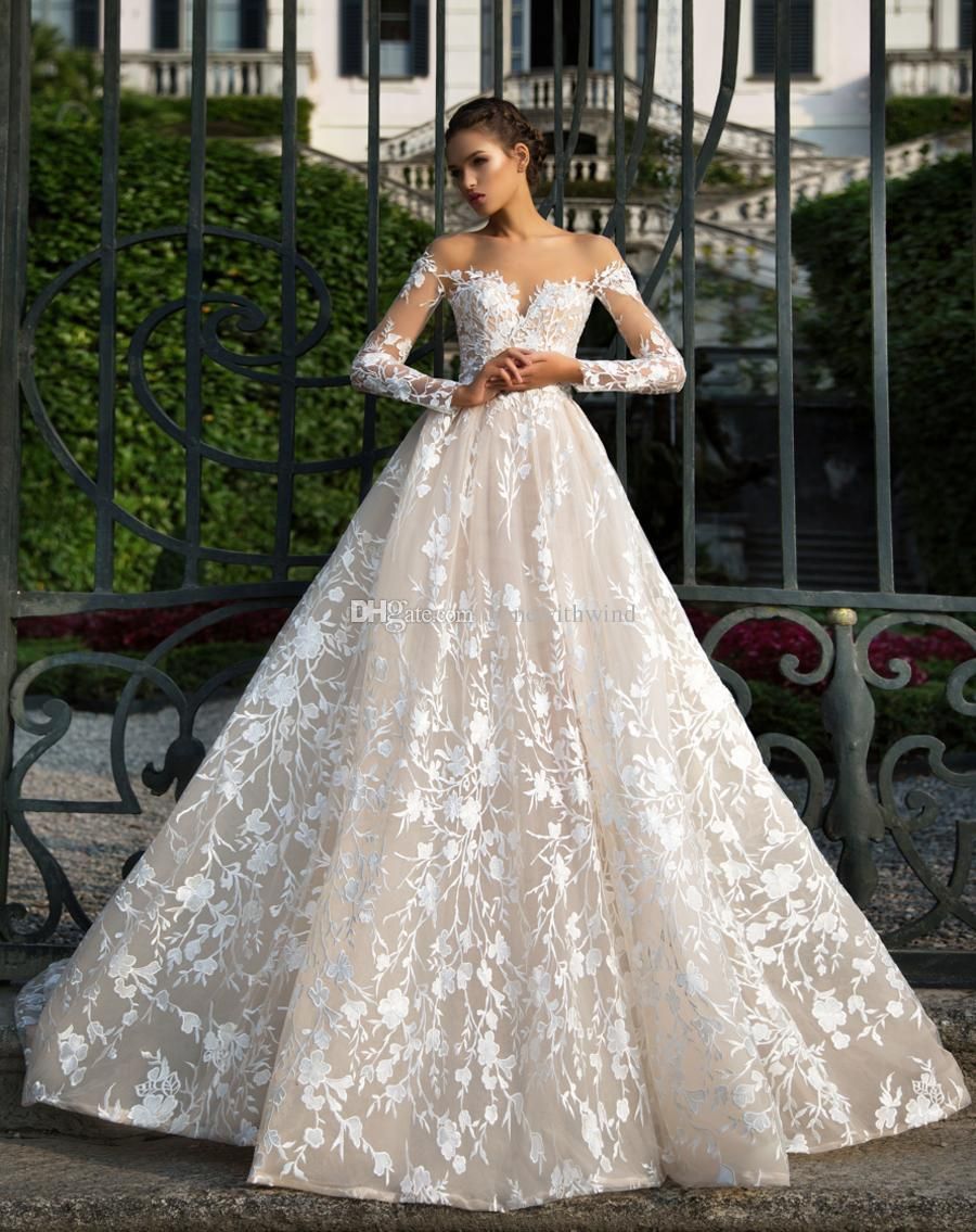 Long Sleeves Off The Shoulders Lace Wedding Gowns 2017 Milla Nova Bridal Dresses Sweetheart Neckline Chapel Train Nude Shade Wedding Gowns Big Wedding Dresses Black And White Wedding Dress From Zhiyuanwedding 603 02