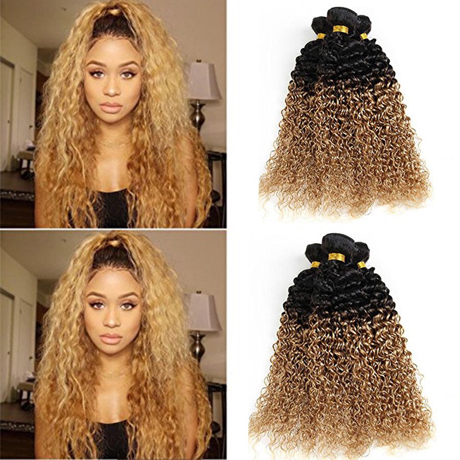 Ombre Curly Hair 3Bundles 2Two Kinky Curly Weave Human Hair Bundles 8A Ombre  Brazilian Virgin Kinky Curly Wavy Hair Extensions 1B/27 Color
