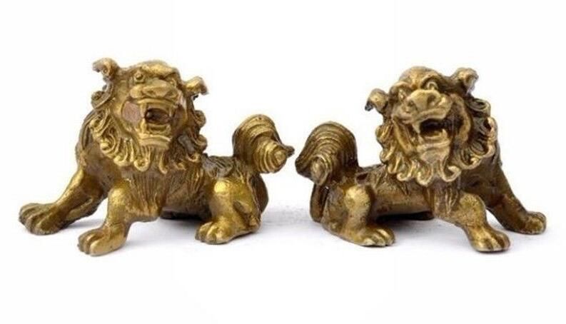 China Chinese Brass Folk Fengshui Foo Fu Dog Guardion Door Lion Statue Pair 7cm