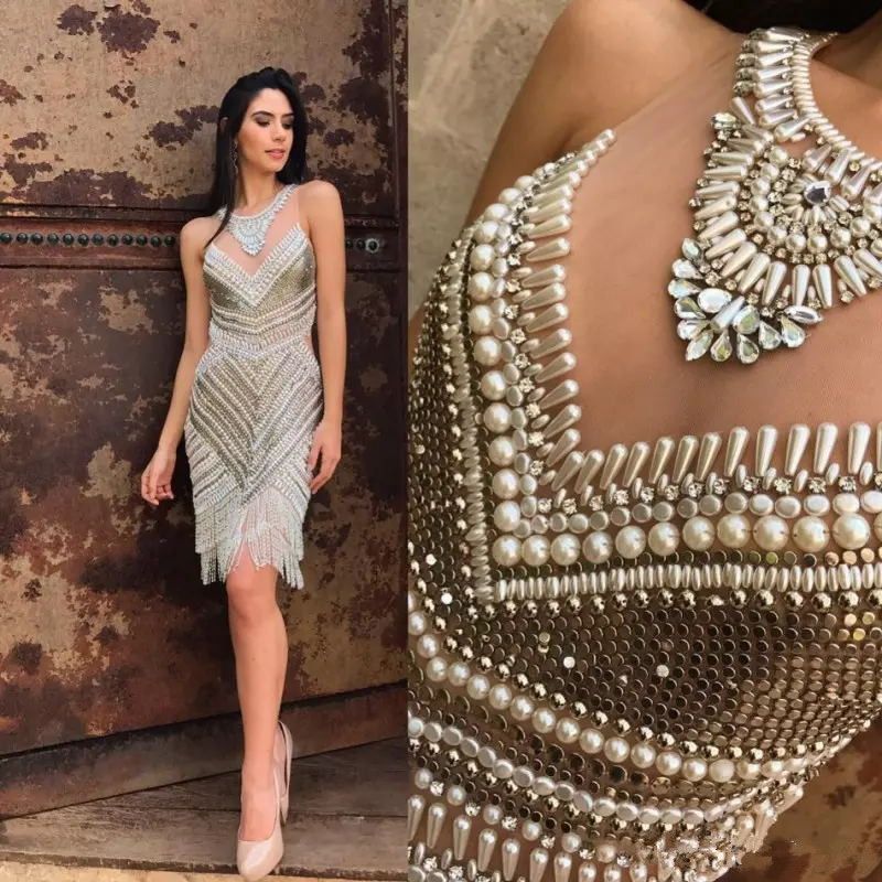 Perlas de perlas con lentejuelas vestidos de noche Diamante de joya cuello sin mangas de lujo Perlas de perlas con lentejuelas vestidos de noche Diamante de joya cuello sin mangas de lujo