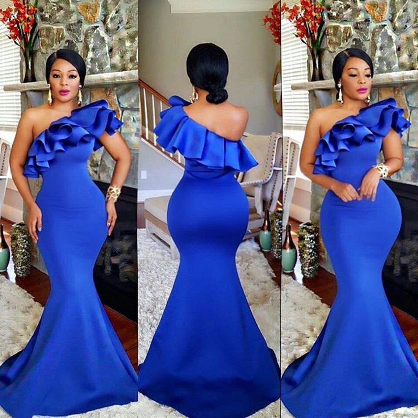 Plus Size Royal Blue African Evening Dress One Shoulder Prom Dresses