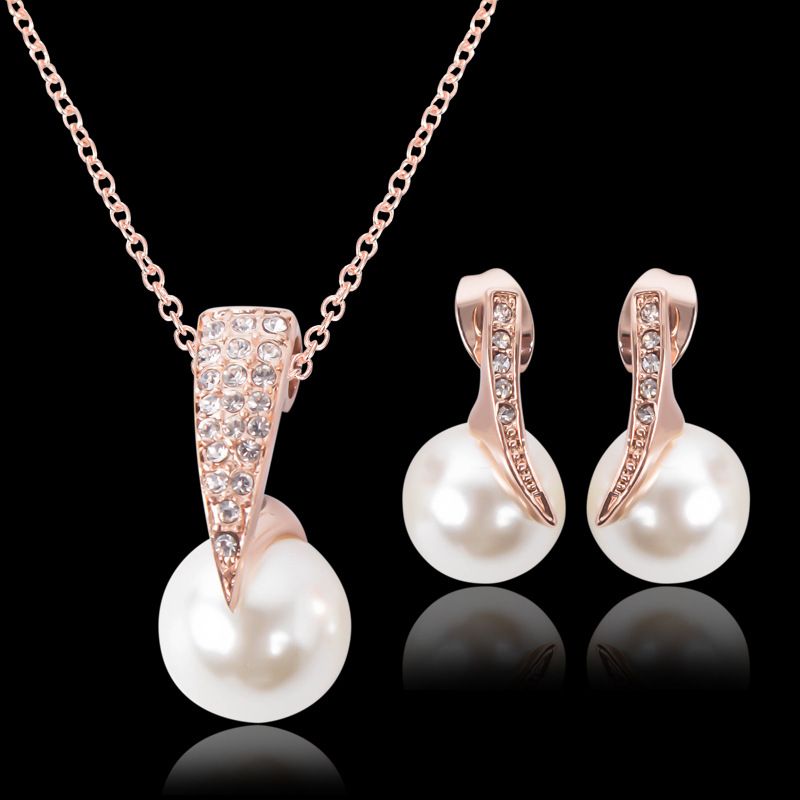 Fashion Bridal Jewelry Sets Simulated Pearl Wedding Earrings Crystal Necklace 