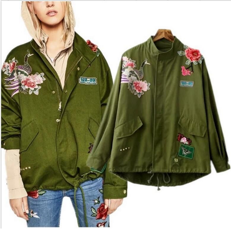 Women Army Green Fl Embroidery Er Jacket Patched Rivet - Leather Jacket With Patches Womens Women Army Green Fl Embroidery Er Jacket Patched Rivet - Leather Jacket With Patches Womens