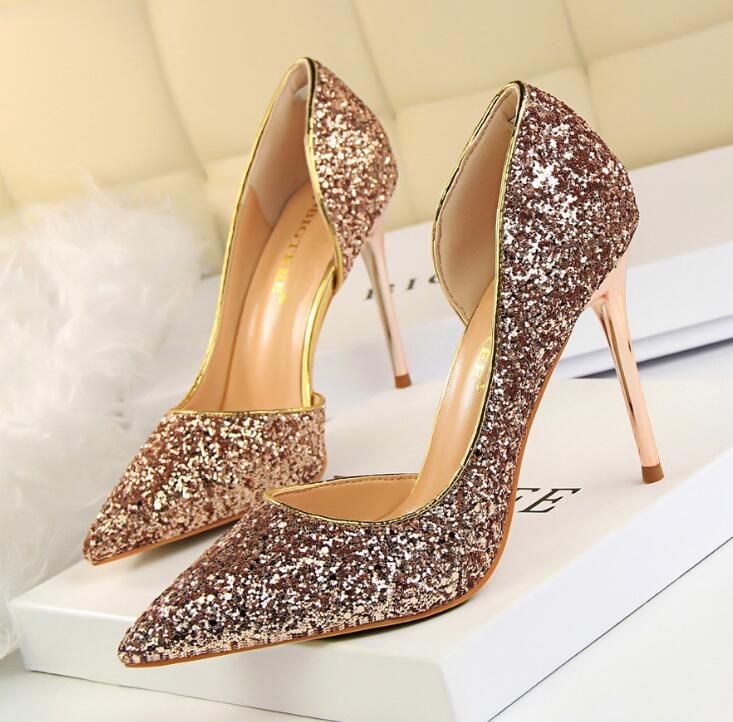 silver glitter high heel shoes