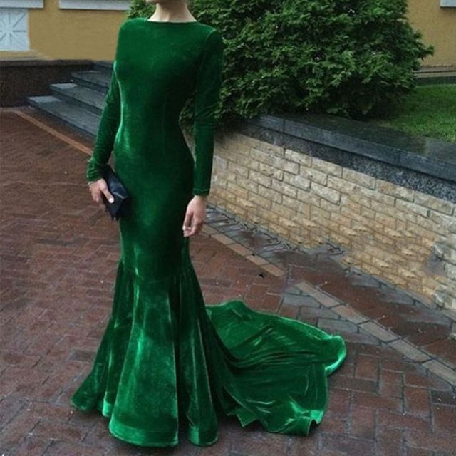 Elegante de manga larga vestidos de noche de terciopelo verde esmeralda  vestido de fiesta sirena por