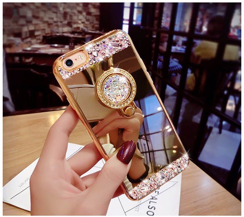 Estuches iPhone 6S Lujo para mujer con espejo de diamantes con soporte de