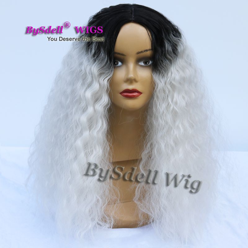 Medium Length Natural Kinky Curly Hair Wig Synthetic Black Root