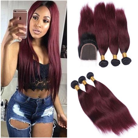 Brazilian Burgundy Ombre Hair With Lace Closure Straight 1b 99j