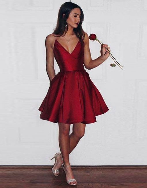 red v neck cocktail dress