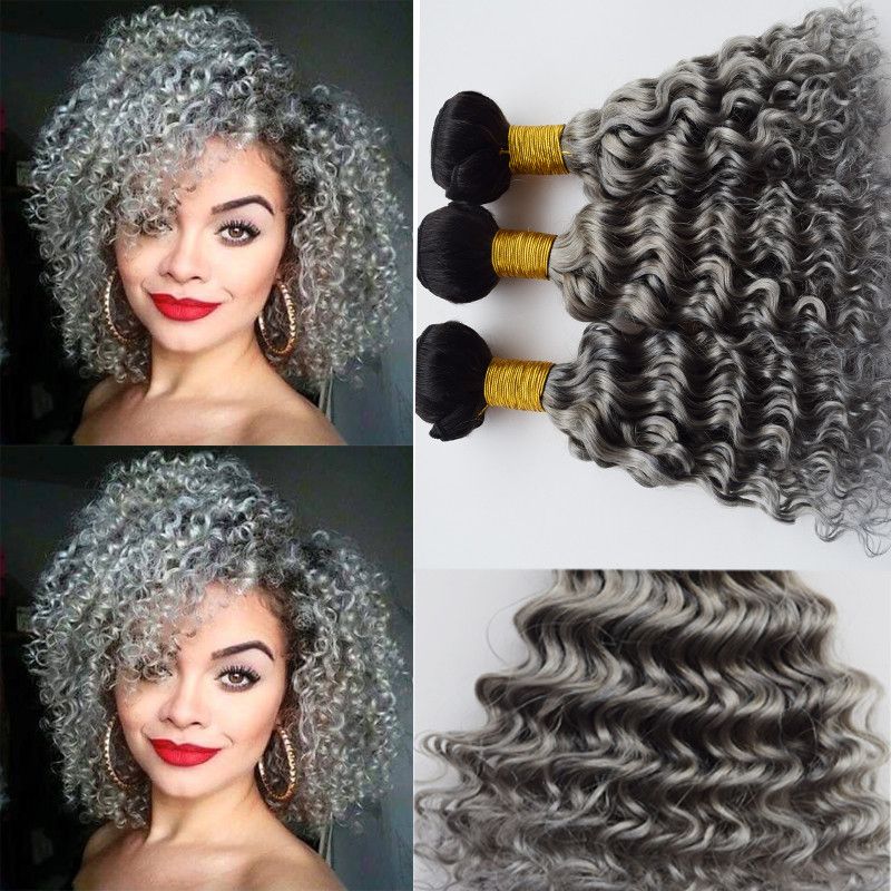 Ombre Color 1b Grey Deep Wave Curly Malaysian 9a Human Hair Bundles Two Tone Dark Root Sliver Grey Human Hair Extension Curly Weave Curly Weave Hair