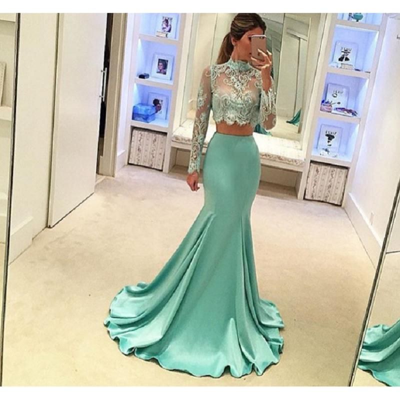 2 piece teal prom dress