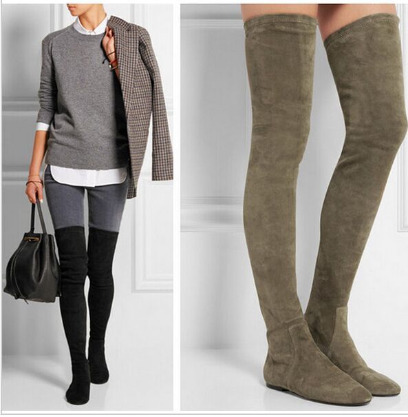 flat elastic thigh high boots